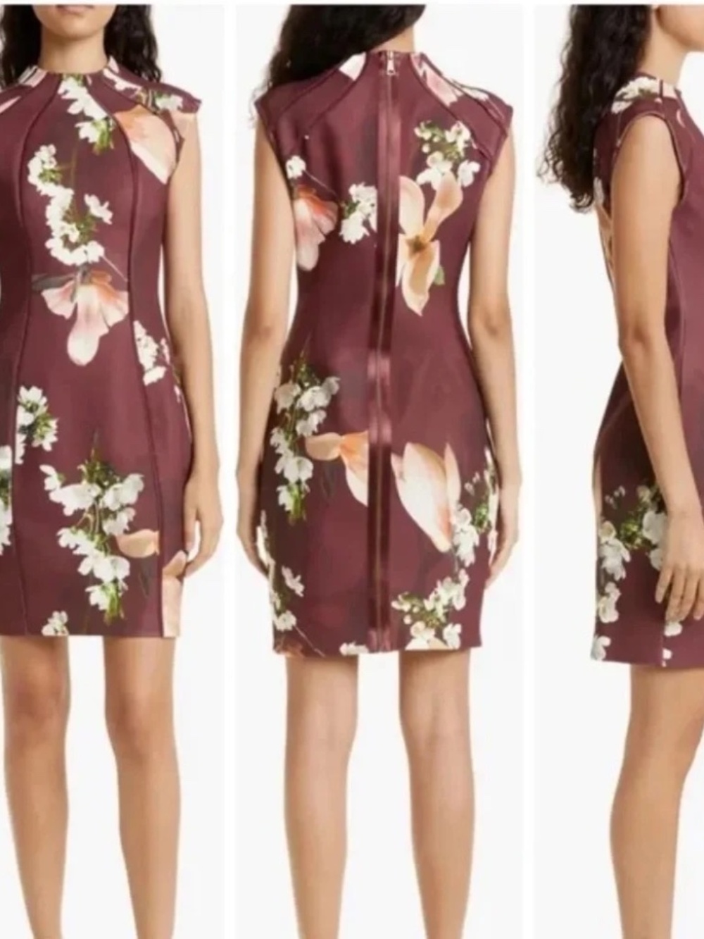 Ted Baker Women's Zassha Floral Sheath Dress Maroon Burgundy 6